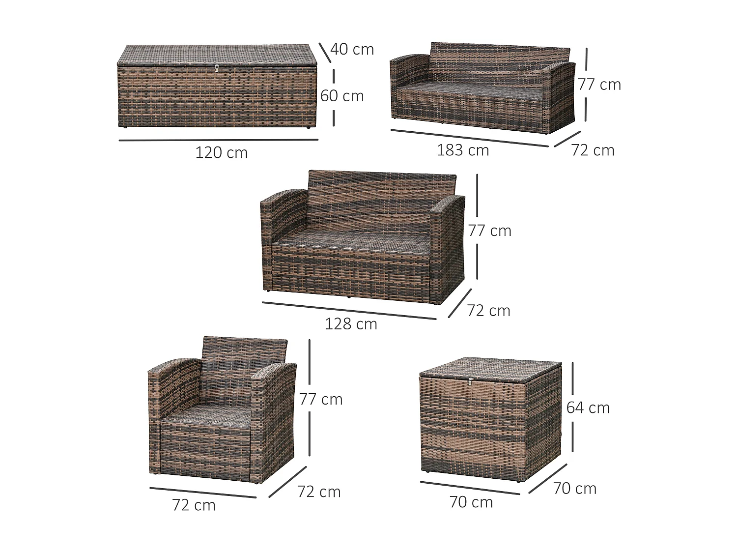 EasyComfort Set da Giardino 6 Pezzi in Rattan con Divani, Poltrone e Tavoli Contenitore, Marrone