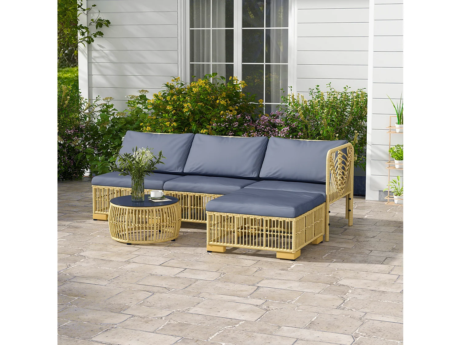 EasyComfort Set Salotto in Rattan da Giardino con Divano Modulabile, Cuscini e Tavolino da Caffè, Grigio