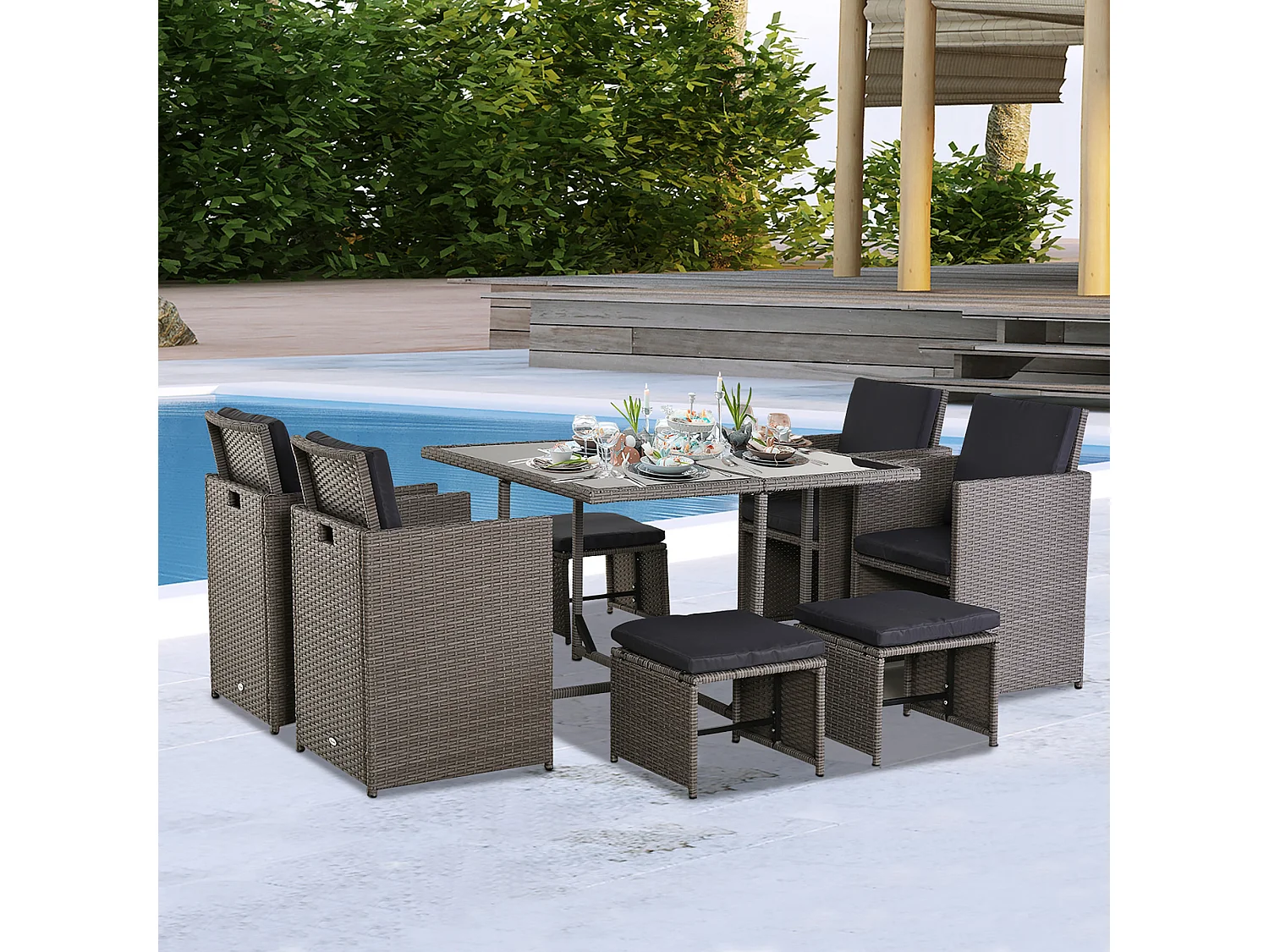 EasyComfort Set Mobili da Giardino Esterno Tavolo con 4 Sedie 4 Poggiapiedi 9pz Rattan Grigio