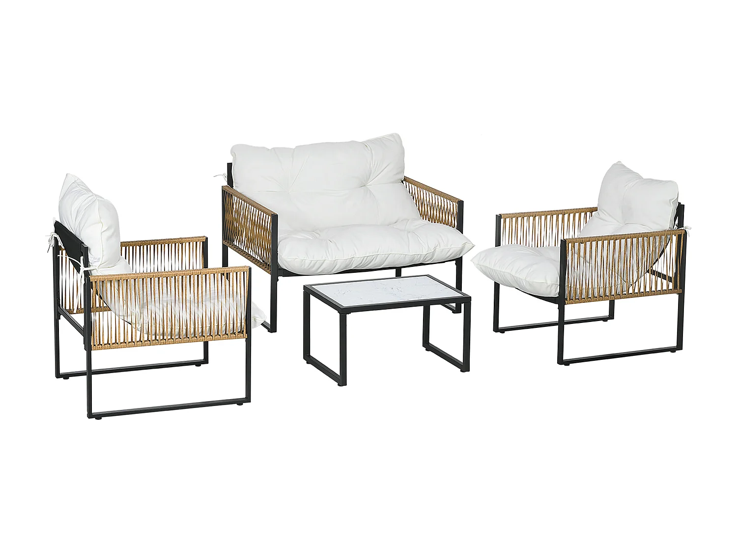 EasyComfort Set da Giardino 4 Pezzi in Rattan con Divanetto, 2 Sedie e Tavolino da Caffè, Nero, Marrone e Crema