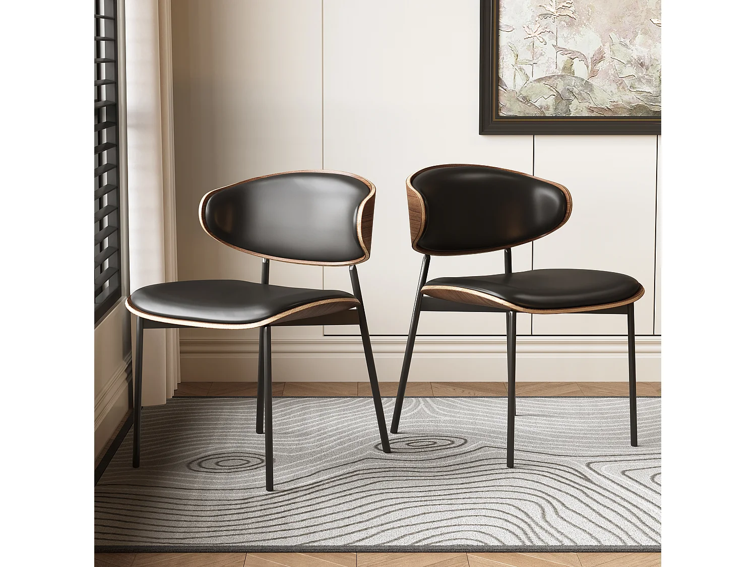 Lot de 2 chaises de Salle à Manger, chaises de Cuisine en Bois Massif et Similicuir avec Pieds en métal, pour Salle à Manger, Cuisine et Salon, Noir