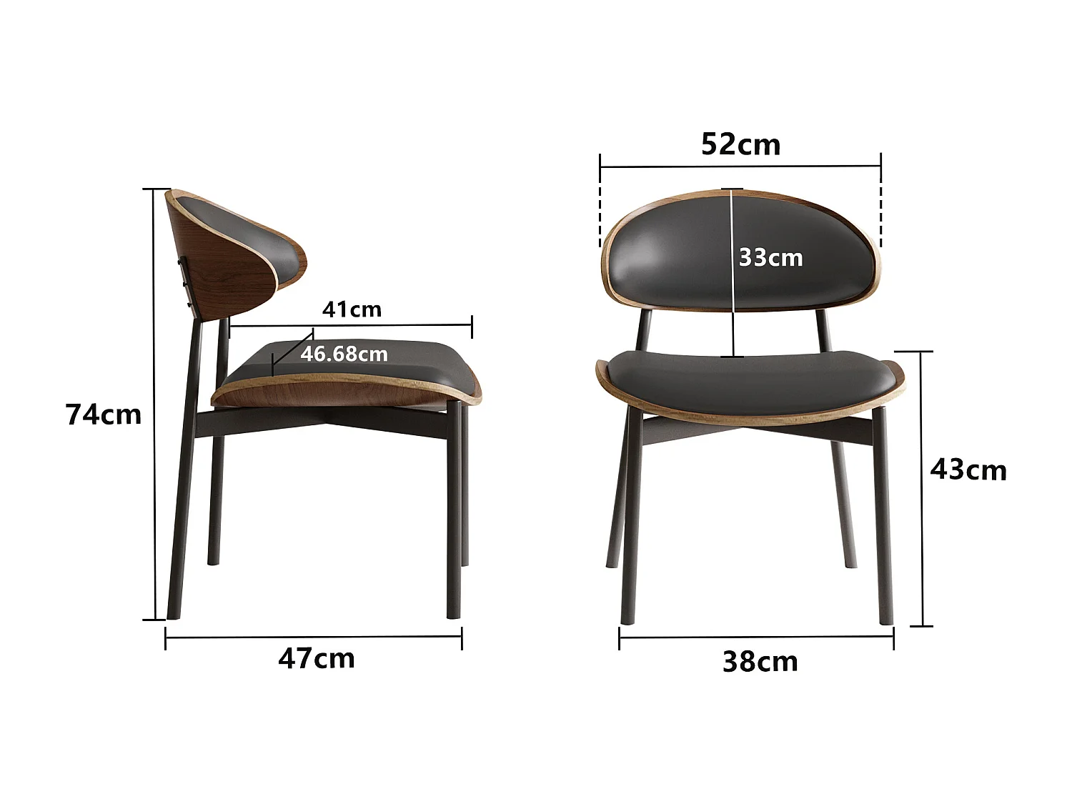 Lot de 2 chaises de Salle à Manger, chaises de Cuisine en Bois Massif et Similicuir avec Pieds en métal, pour Salle à Manger, Cuisine et Salon, Noir