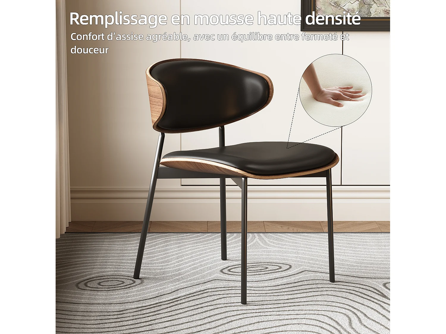 Lot de 2 chaises de Salle à Manger, chaises de Cuisine en Bois Massif et Similicuir avec Pieds en métal, pour Salle à Manger, Cuisine et Salon, Noir