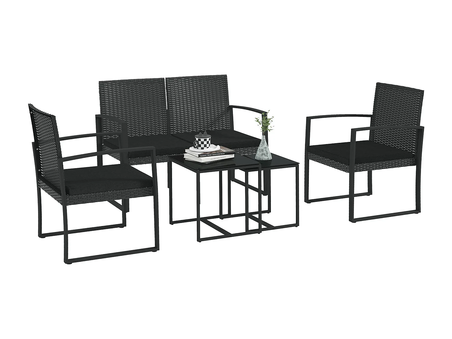 EasyComfort Set da Giardino con 2 Sedie, Divanetto e 2 Tavolini con Cuscini e Piano in Vetro, Nero