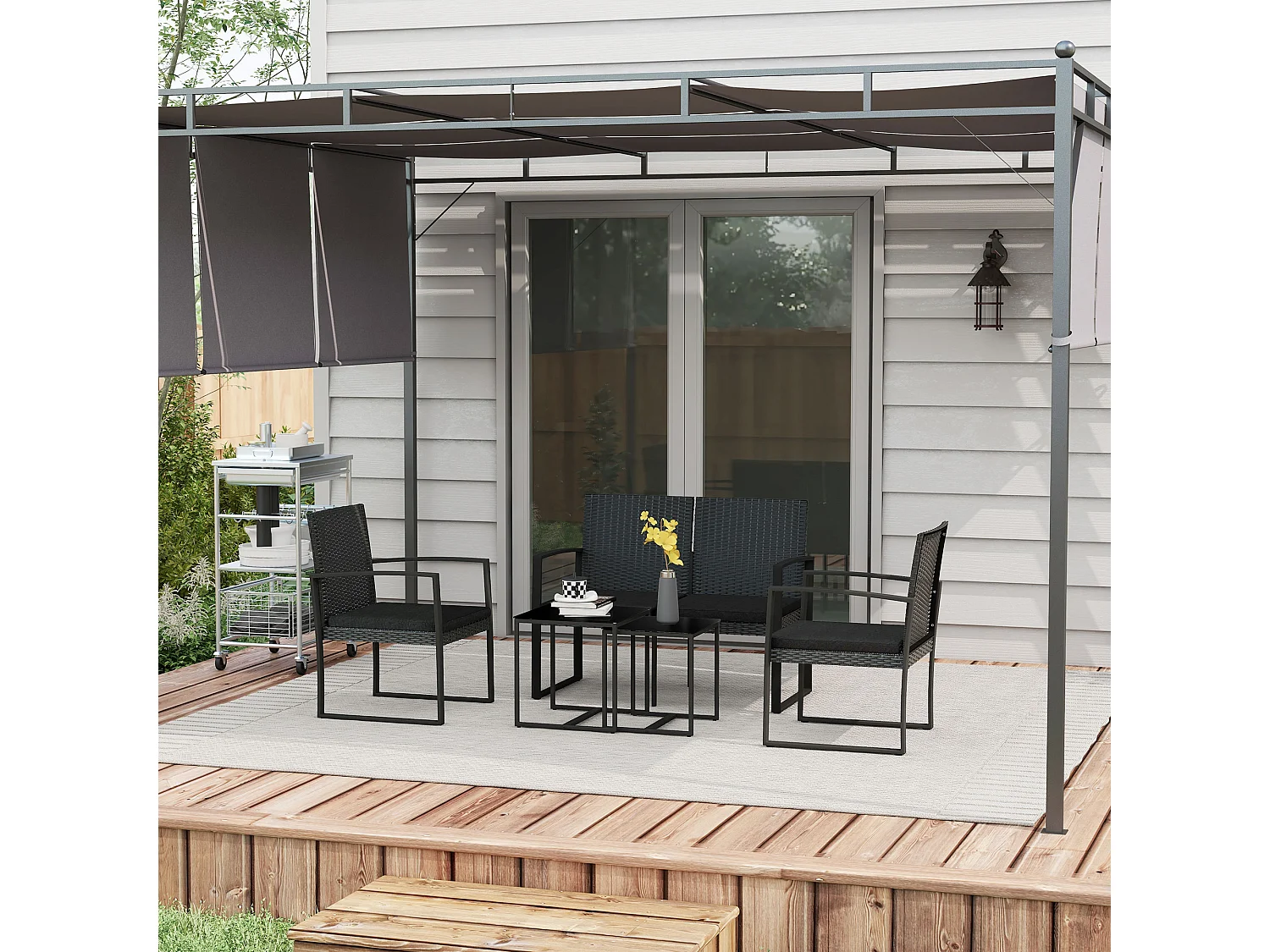 EasyComfort Set da Giardino con 2 Sedie, Divanetto e 2 Tavolini con Cuscini e Piano in Vetro, Nero