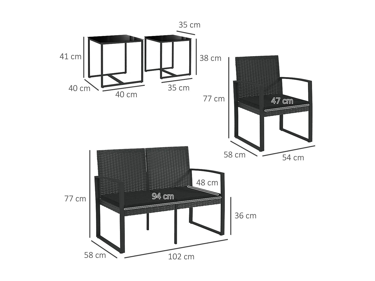 EasyComfort Set da Giardino con 2 Sedie, Divanetto e 2 Tavolini con Cuscini e Piano in Vetro, Nero