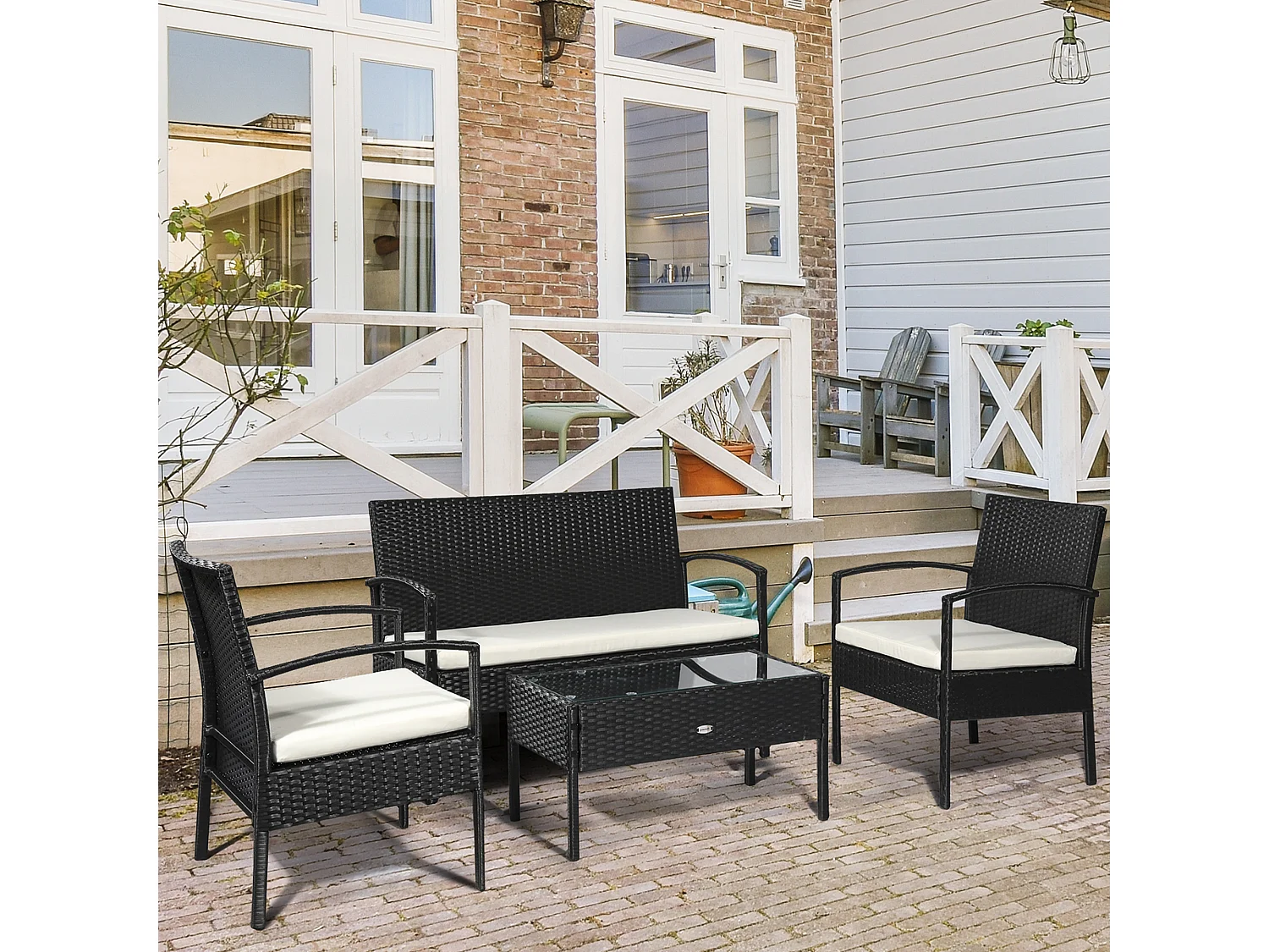 EasyComfort Set da Giardino 4 Pezzi in Rattan PE con Tavolino da Giardino, 2 Poltroncine e Divano 2 posti, Nero e Crema