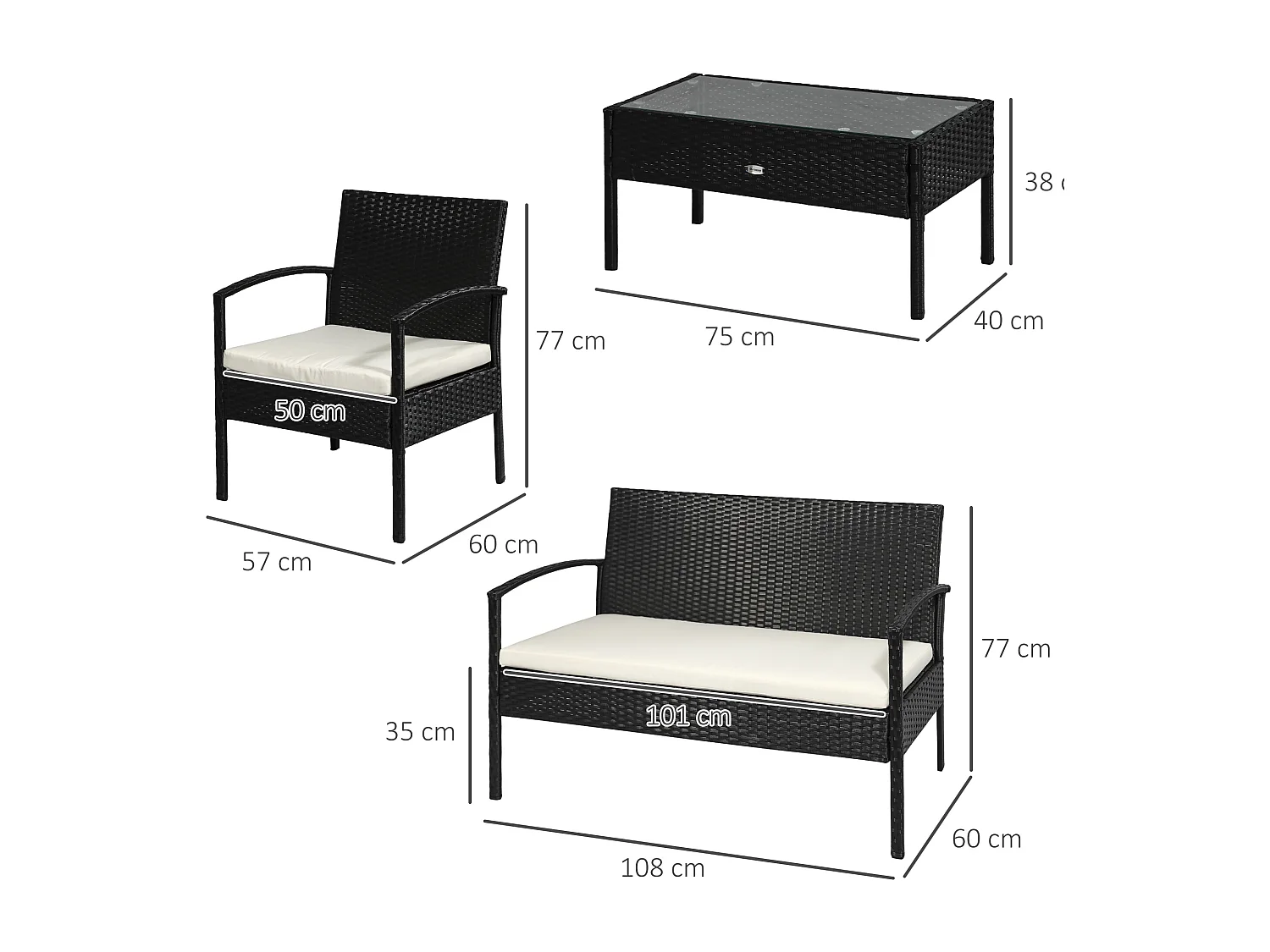 EasyComfort Set da Giardino 4 Pezzi in Rattan PE con Tavolino da Giardino, 2 Poltroncine e Divano 2 posti, Nero e Crema
