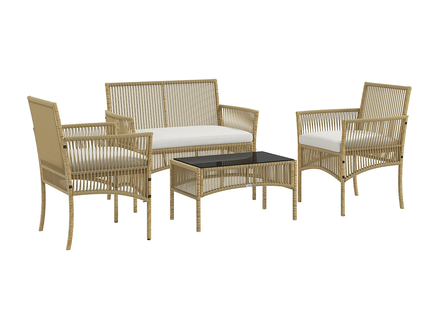 EasyComfort Set da Giardino in Rattan da 4 Pezzi con 2 Poltroncine, Divano e Tavolino da Caffè, Naturale e Nero