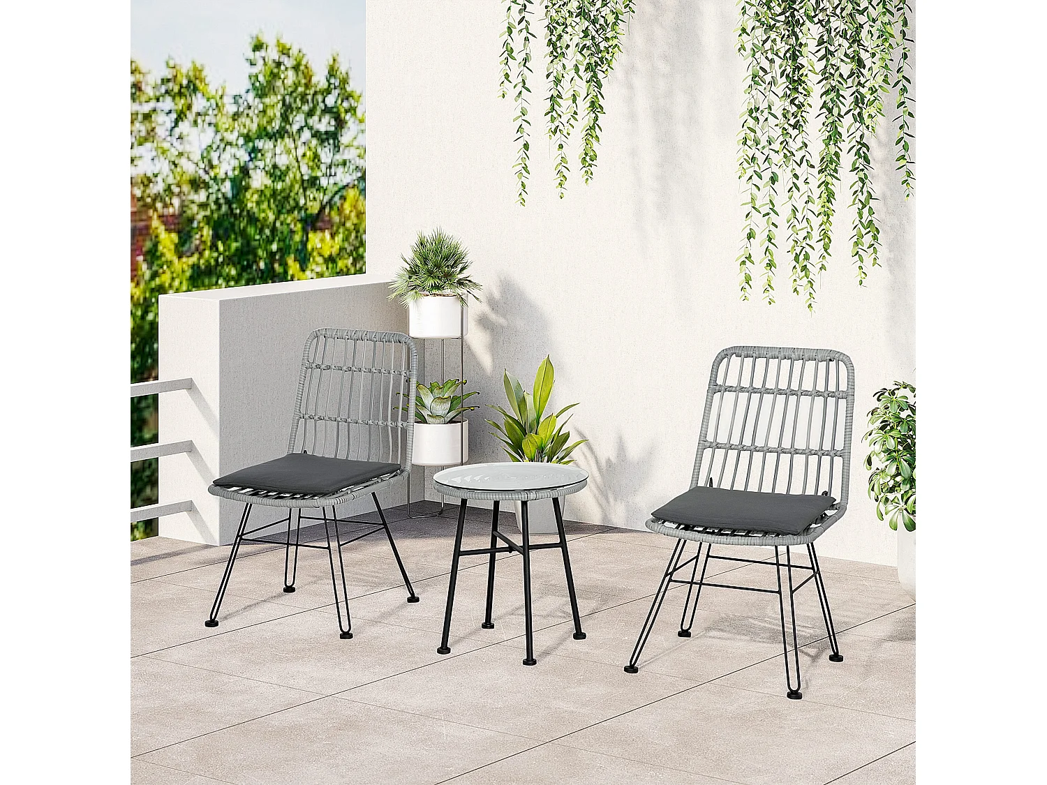 EasyComfort Set Mobili da Giardino 3 Pezzi con Tavolino e Sedie in Rattan PE, Poilestere e Acciaio per Esterni, Grigio