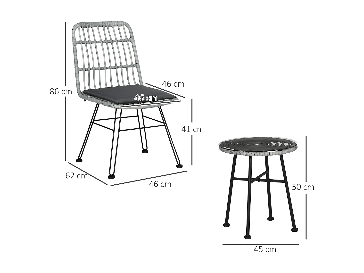 EasyComfort Set Mobili da Giardino 3 Pezzi con Tavolino e Sedie in Rattan PE, Poilestere e Acciaio per Esterni, Grigio