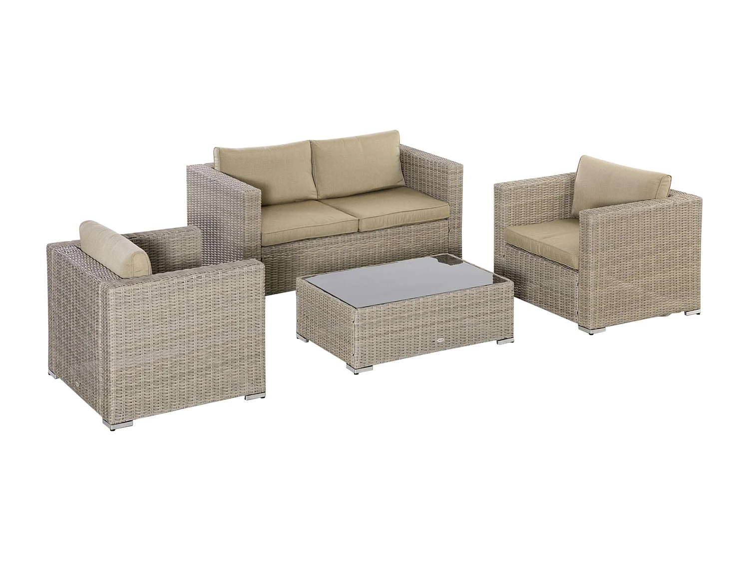 EasyComfort Set 4 Pz Salotto da Esterni in Rattan con 1 Divano, 2 Poltrone e 1 Tavolino, Kaki e Beige
