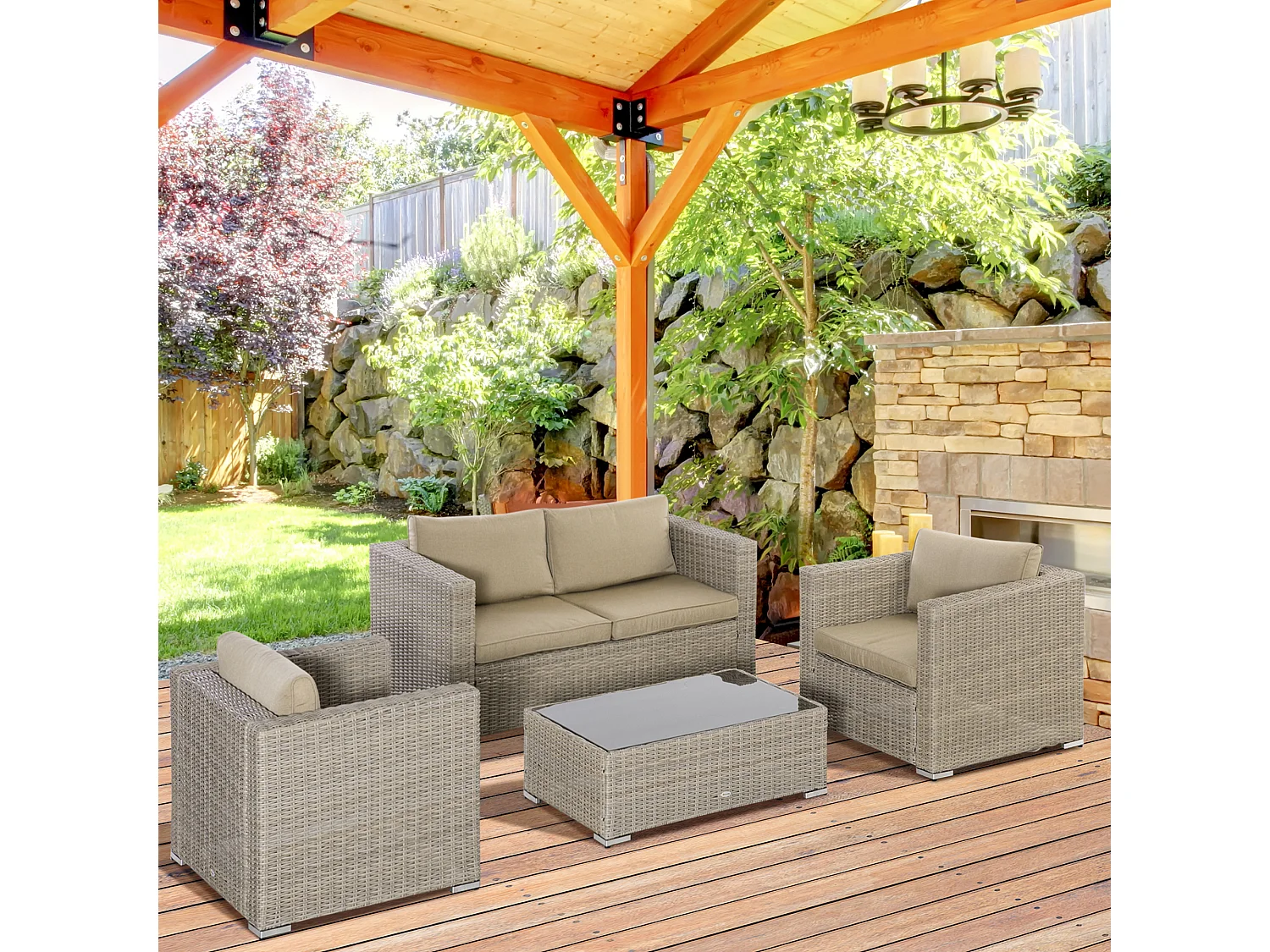 EasyComfort Set 4 Pz Salotto da Esterni in Rattan con 1 Divano, 2 Poltrone e 1 Tavolino, Kaki e Beige