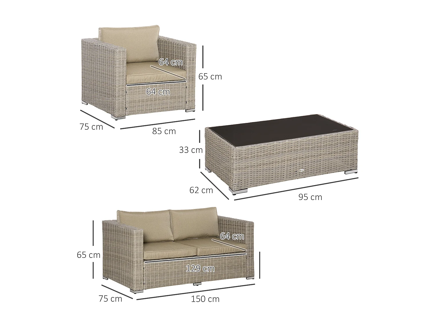 EasyComfort Set 4 Pz Salotto da Esterni in Rattan con 1 Divano, 2 Poltrone e 1 Tavolino, Kaki e Beige