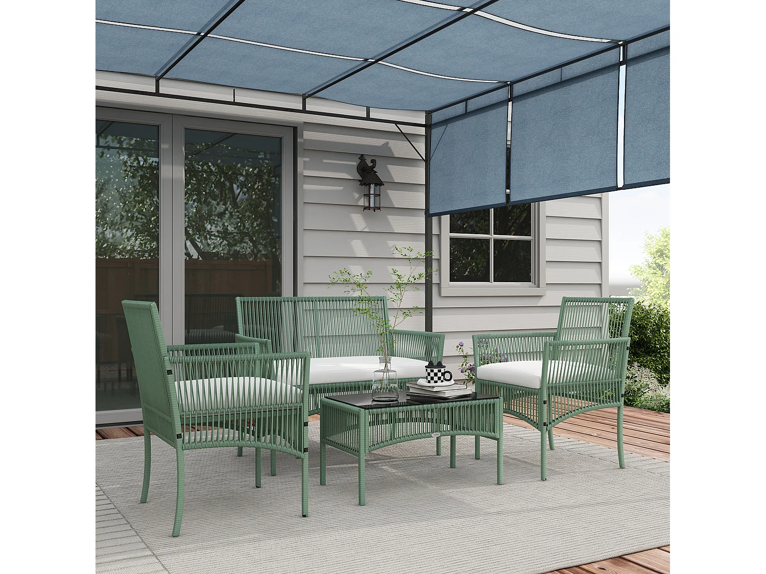 EasyComfort Set da Giardino in Rattan da 4 Pezzi con 2 Poltroncine, Divano e Tavolino da Caffè, Verde