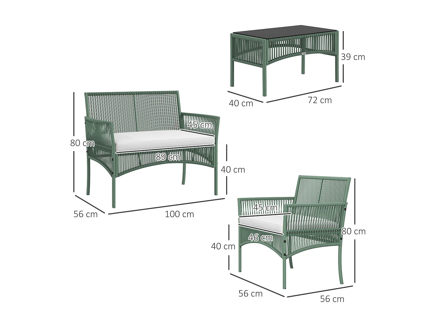 EasyComfort Set da Giardino in Rattan da 4 Pezzi con 2 Poltroncine, Divano e Tavolino da Caffè, Verde