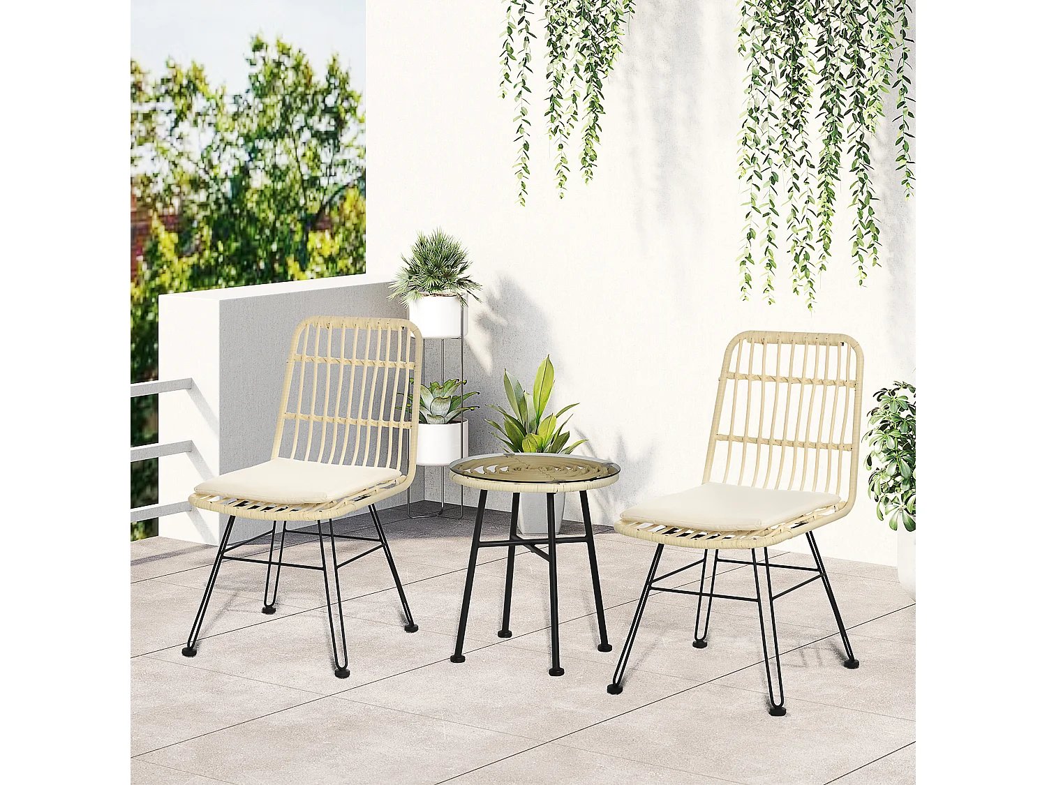EasyComfort Set Mobili da Giardino 3 Pezzi con Tavolino e Sedie in Rattan PE, Poilestere e Acciaio per Esterni, Crema