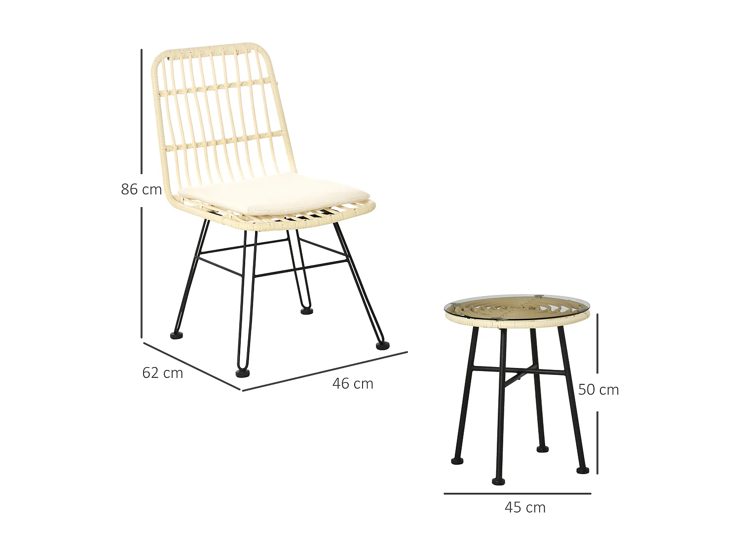 EasyComfort Set Mobili da Giardino 3 Pezzi con Tavolino e Sedie in Rattan PE, Poilestere e Acciaio per Esterni, Crema