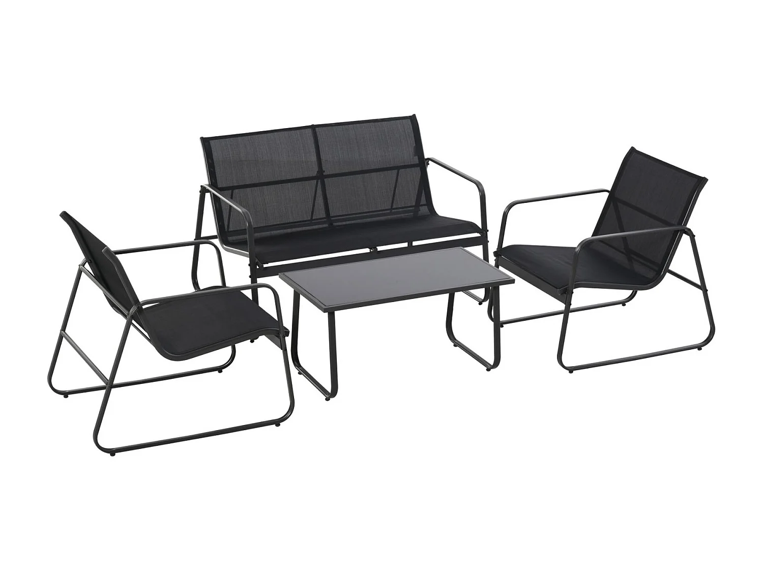 EasyComfort Set Tavolino con Panchina e 2 Sedie da Giardino, Arredamento da Esterno in Metallo e Texteline, Nero