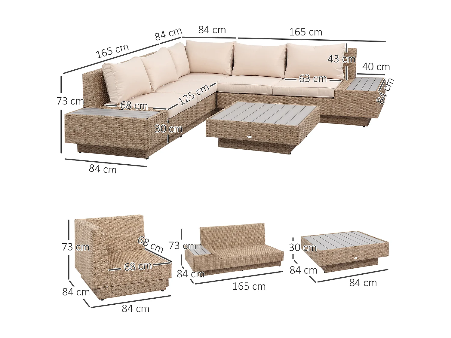 EasyComfort Set da Giardino 4 Pezzi in Rattan, Divano Angolare con Cuscini e Tavolini, Nero e Marrone chiaro