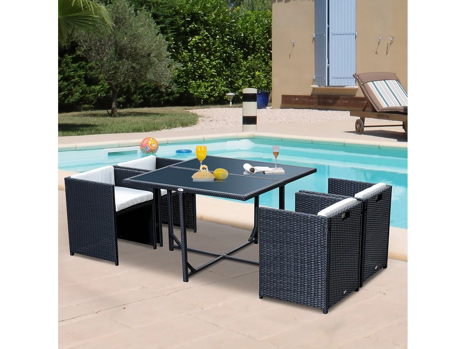 EasyComfort Set Mobili da Giardino 5pz Set Tavolo da Pranzo con 4 Sedie con Cuscini Combinabili a Rettangolo, Nero, 109x109x72 cm