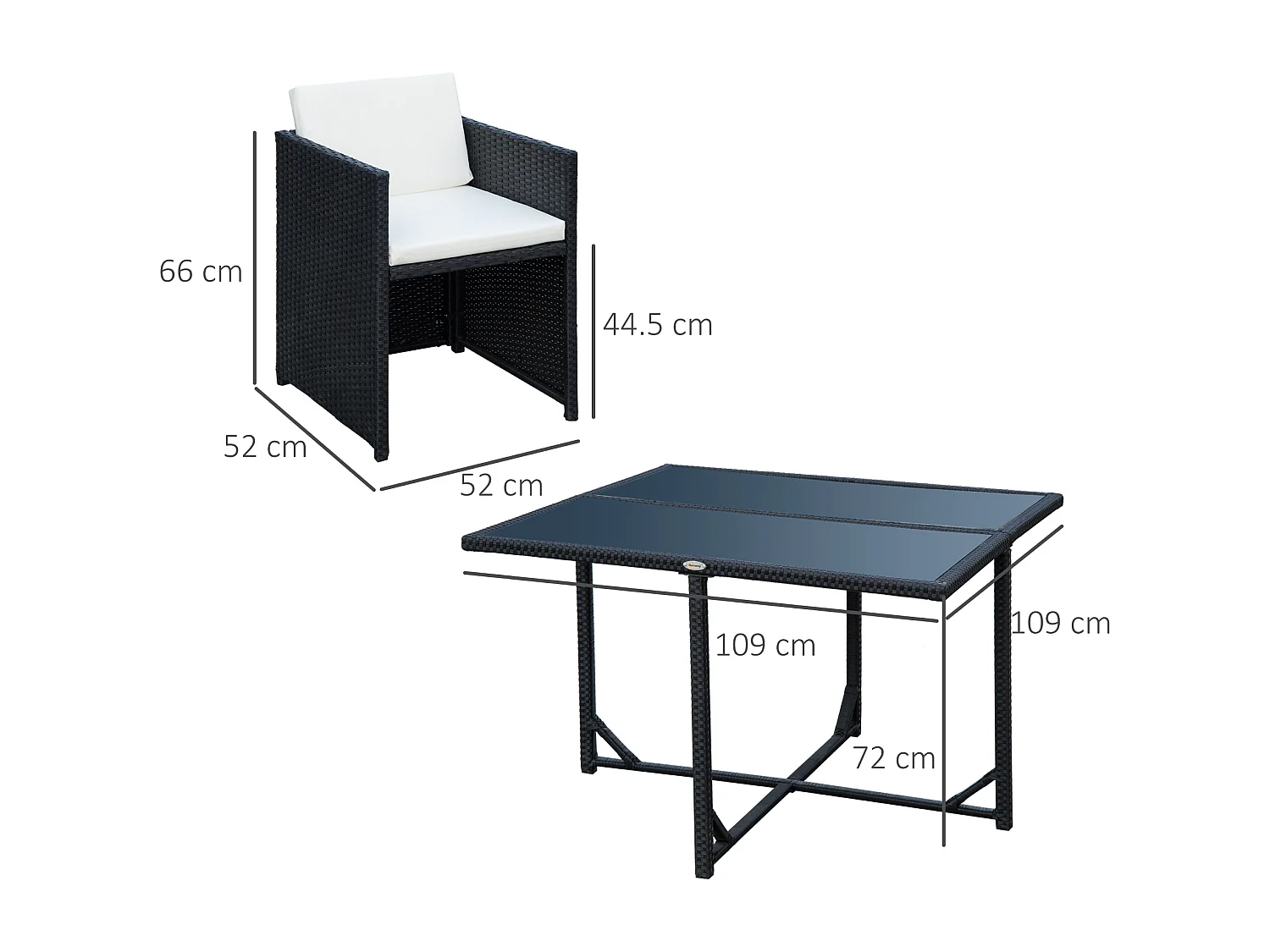 EasyComfort Set Mobili da Giardino 5pz Set Tavolo da Pranzo con 4 Sedie con Cuscini Combinabili a Rettangolo, Nero, 109x109x72 cm