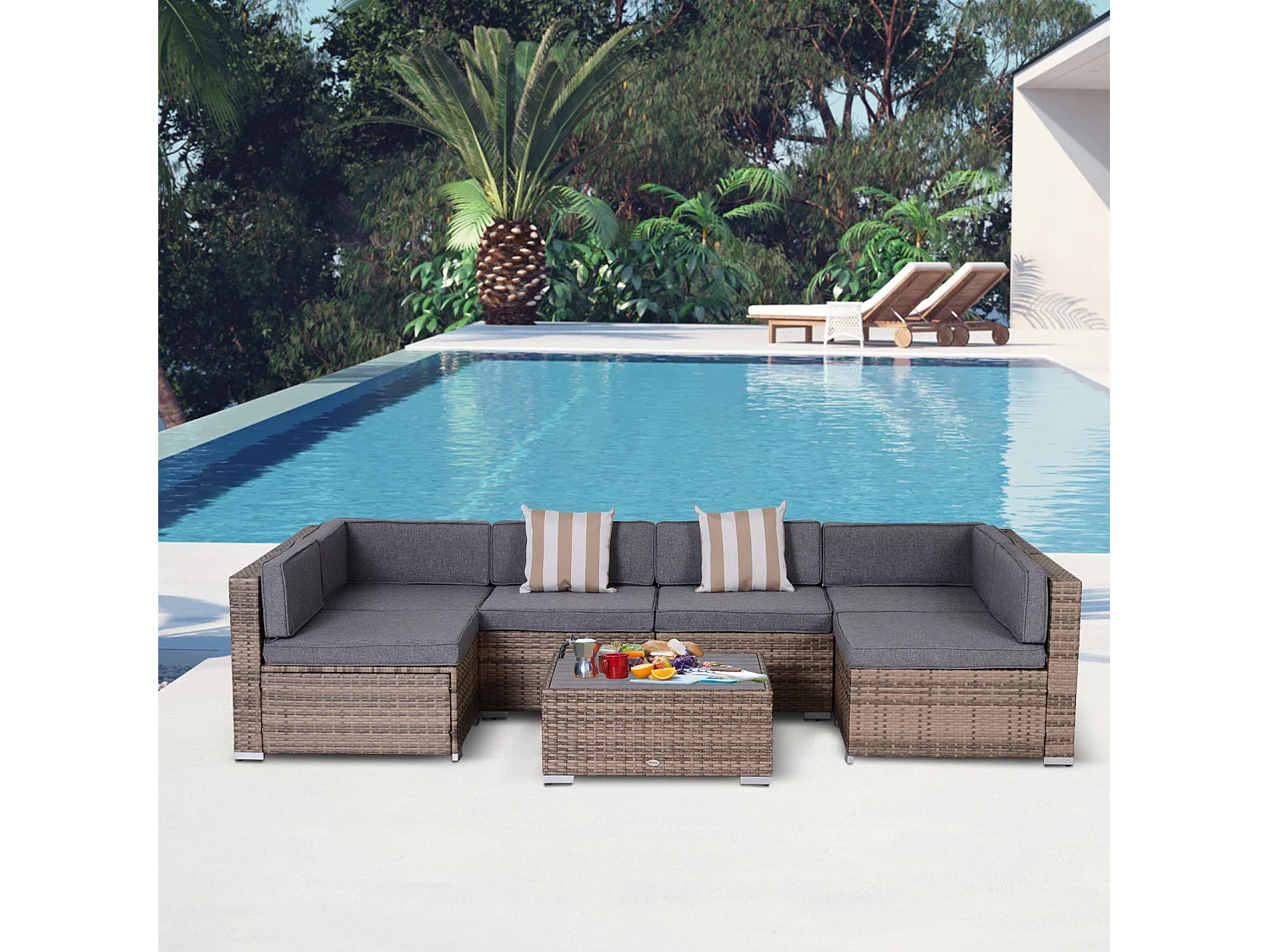 EasyComfort Salotto da Giardino in Rattan da 7 Pezzi con Tavolino e Divano Modulabile con Cuscini, Grigio