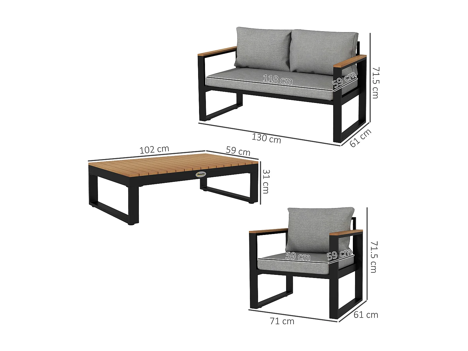 EasyComfort Salotto da Giardino con Divano da Esterno, 2 Poltrone e Tavolino in Alluminio, Grigio