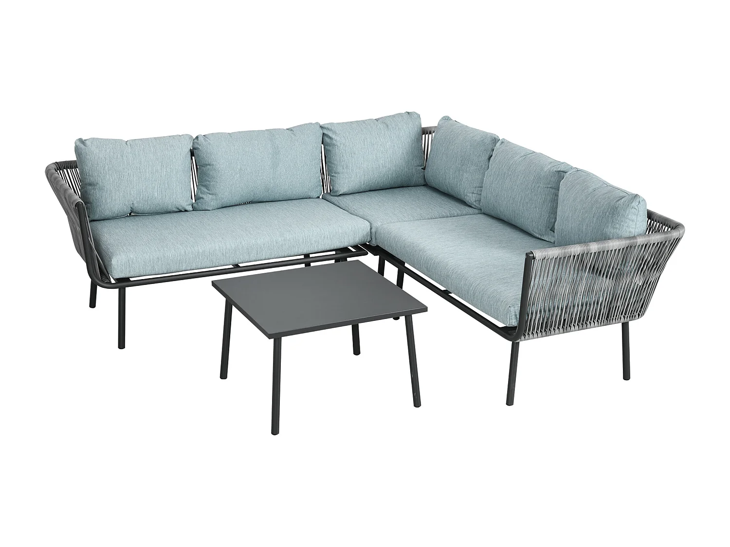 EasyComfort Set da Giardino 4 Pezzi in Rattan con Tavolino da Caffè, 2 Divani ad Angolo e Poltroncina, Nero Grigio e Blu