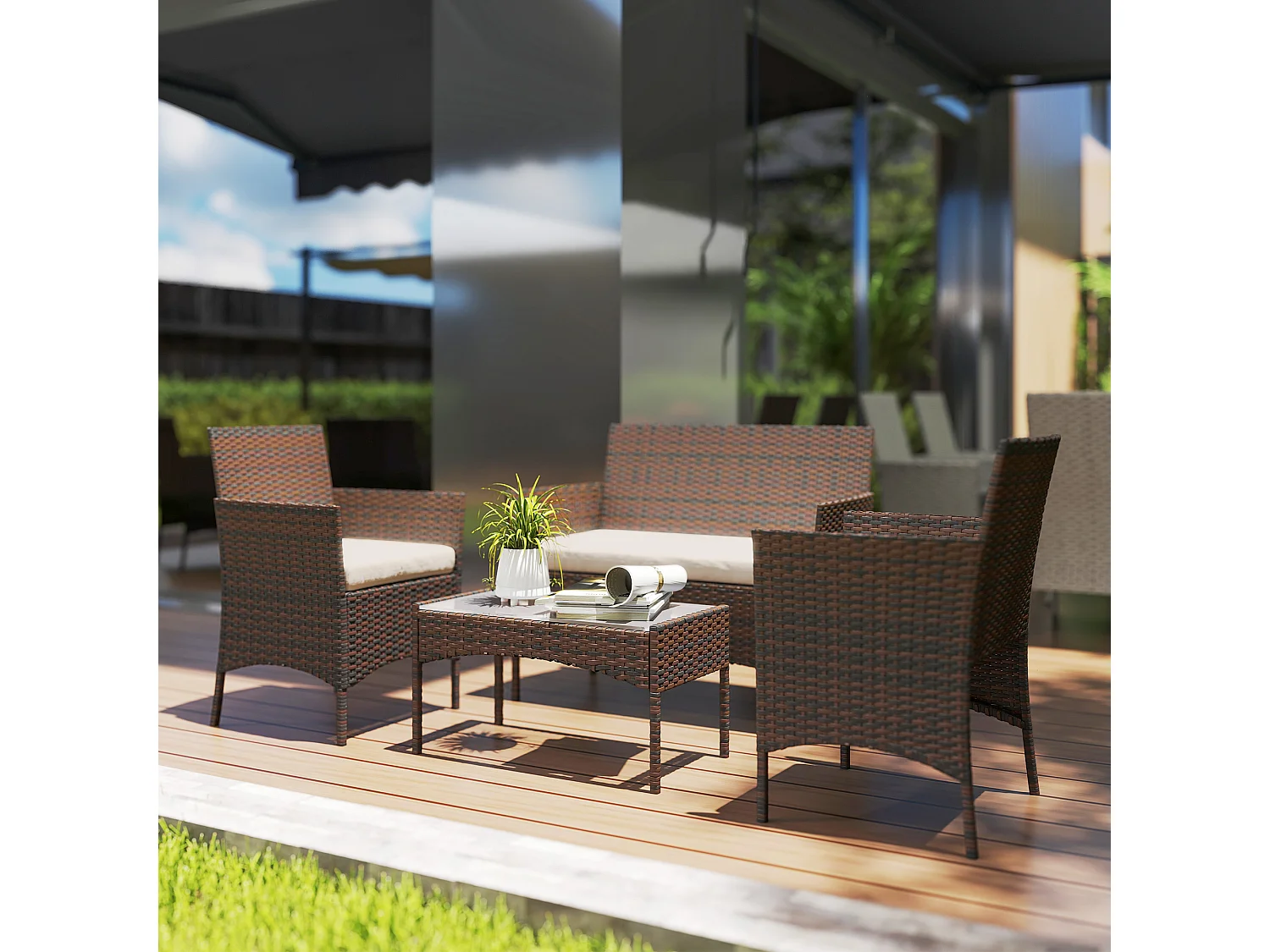 EasyComfort Set da Giardino 4 Pezzi con Divano 2 Posti, 2 Sedie e Tavolino Basso, in Rattan e Acciaio, Beige e Marrone