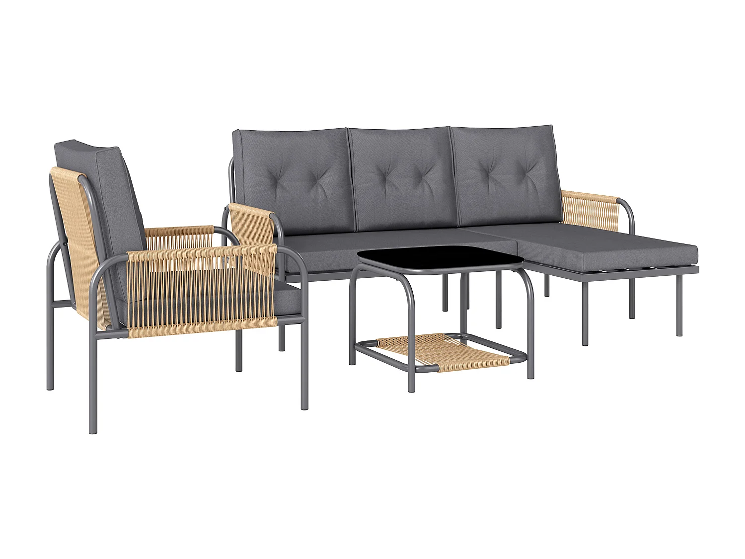 EasyComfort Salotto da Giardino 4 Pezzi in Rattan con Divano, Chaise Longue, Poltrona e Tavolino con Cuscini, Grigio