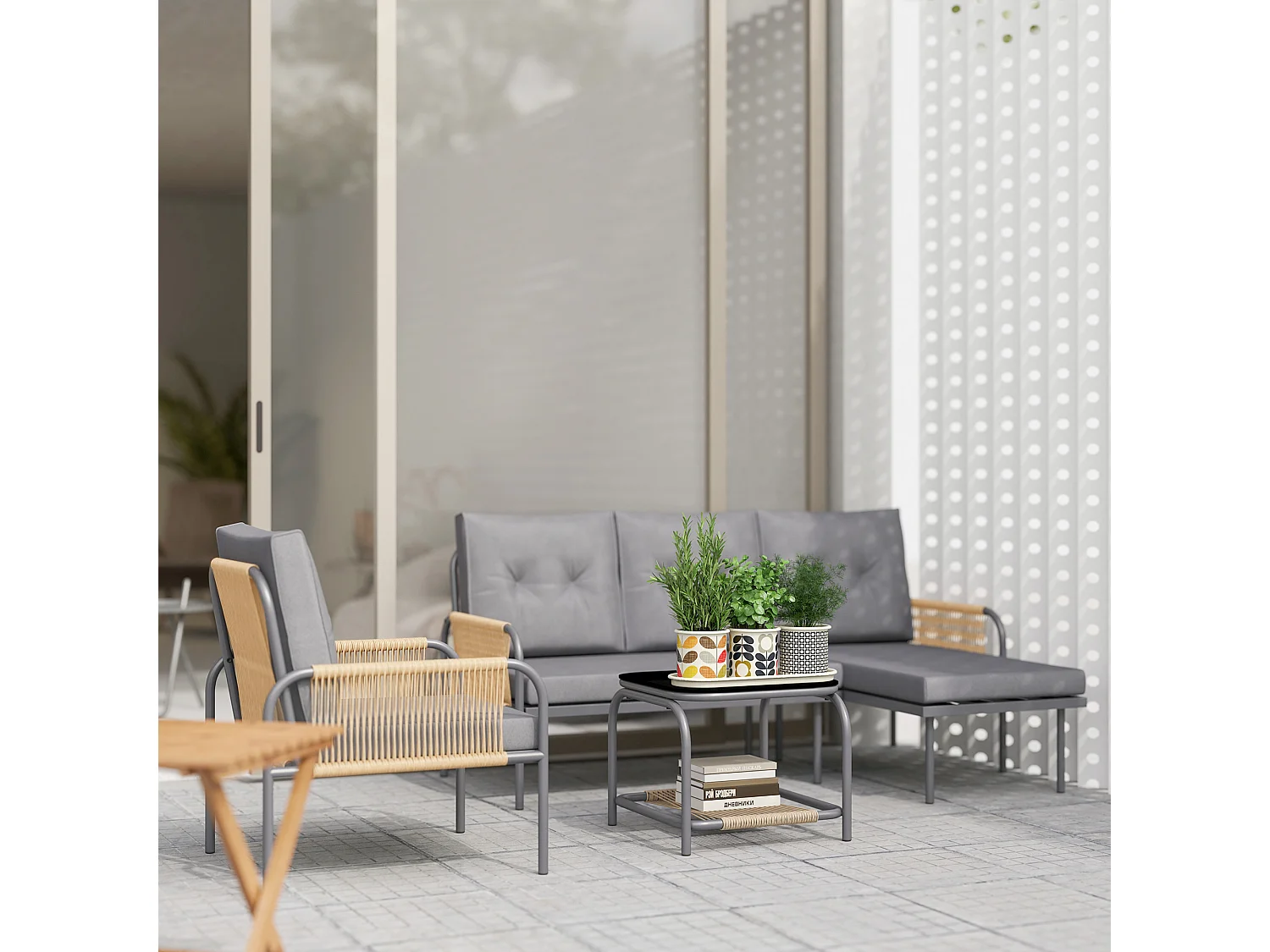 EasyComfort Salotto da Giardino 4 Pezzi in Rattan con Divano, Chaise Longue, Poltrona e Tavolino con Cuscini, Grigio