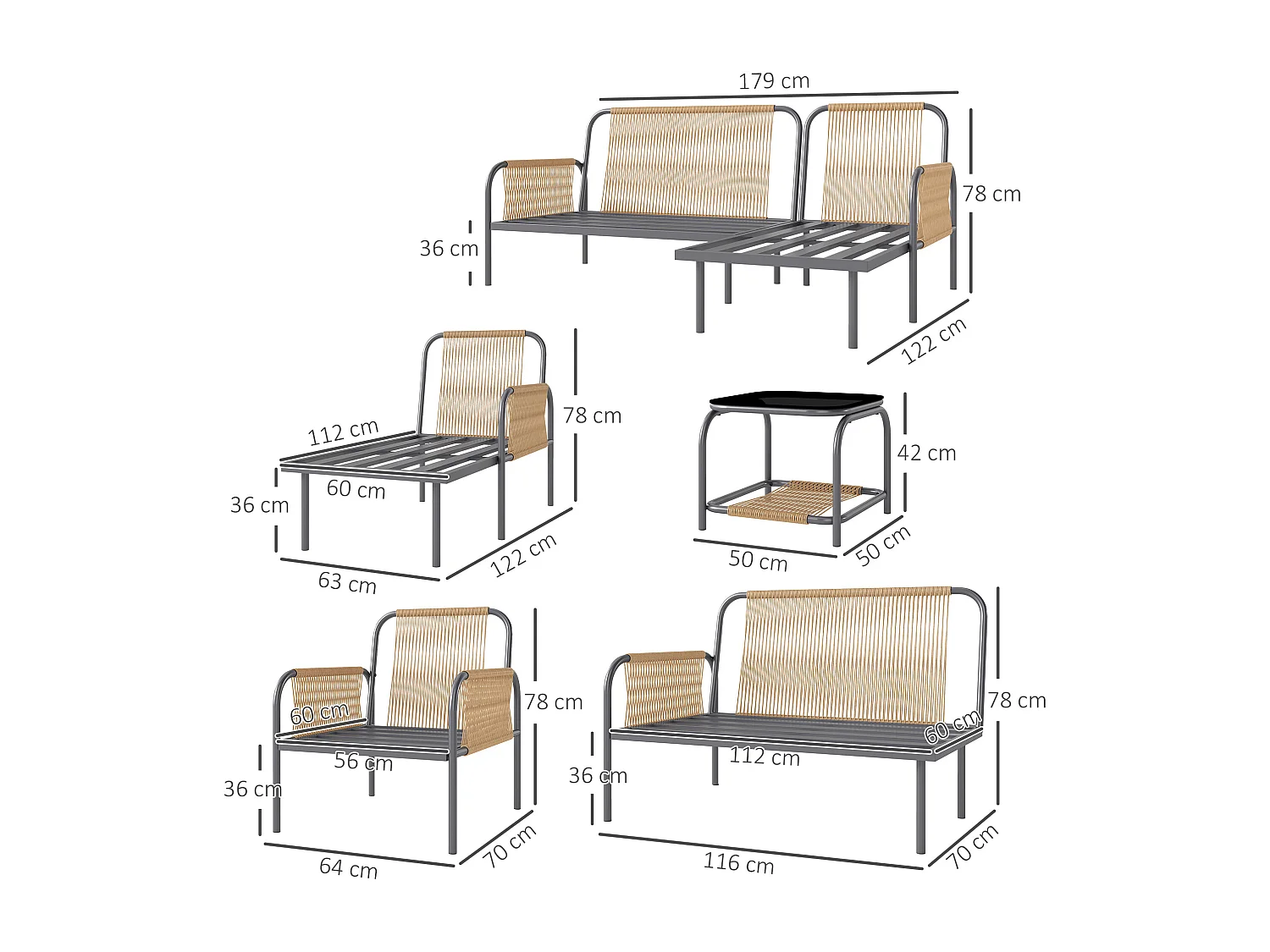 EasyComfort Salotto da Giardino 4 Pezzi in Rattan con Divano, Chaise Longue, Poltrona e Tavolino con Cuscini, Grigio