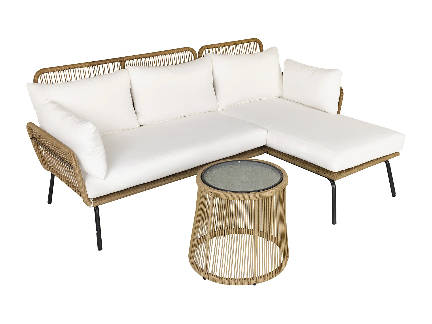 EasyComfort Set da Giardino in Rattan Stile Boho Chic con Divano Angolare e e Tavolino, Crema e Caffè