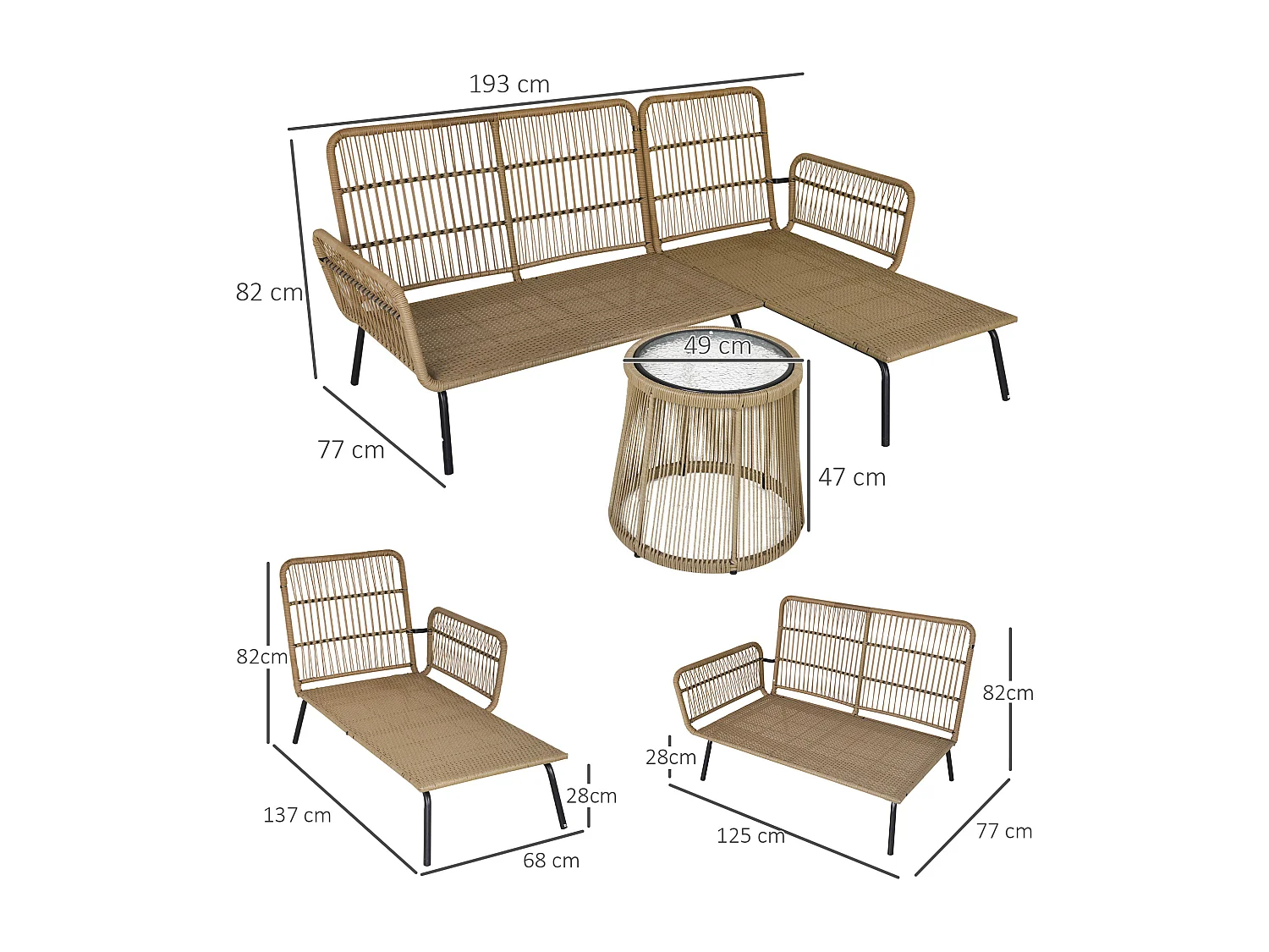 EasyComfort Set da Giardino in Rattan Stile Boho Chic con Divano Angolare e e Tavolino, Crema e Caffè