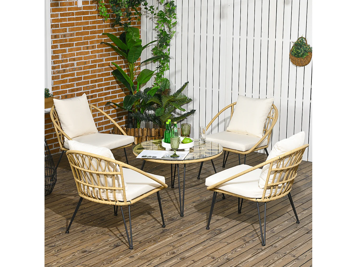 EasyComfort Set da Giardino 5 Pezzi in Rattan con Tavolo Rotondo Ø82x50 cm e 4 Sedie 72x72x75 cm con Cuscini