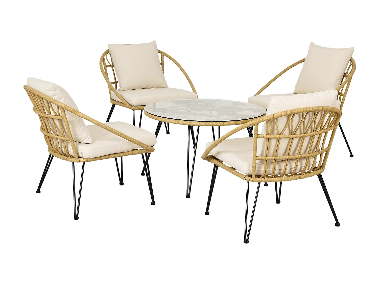 EasyComfort Set da Giardino 5 Pezzi in Rattan con Tavolo Rotondo Ø82x50 cm e 4 Sedie 72x72x75 cm con Cuscini