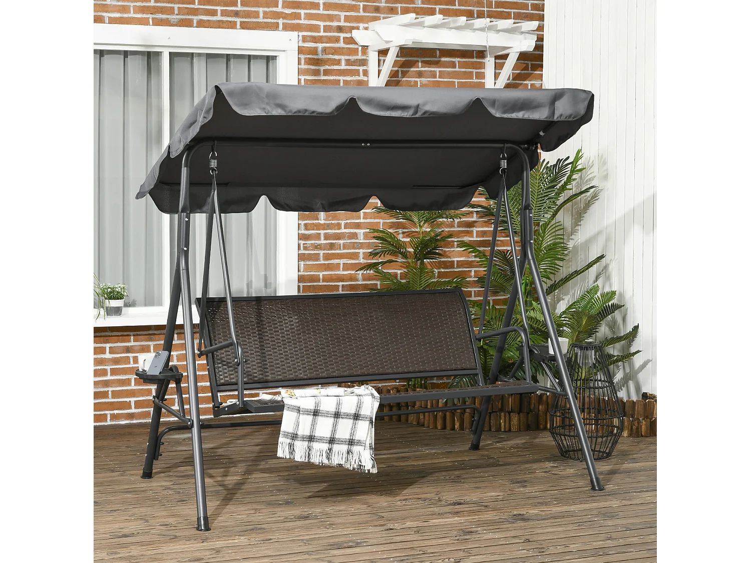 Easycomfort Dondolo da Giardino 3 Posti in Rattan PE e Acciaio con Tettuccio Regolabile e Portabicchieri, 204x112x150 cm