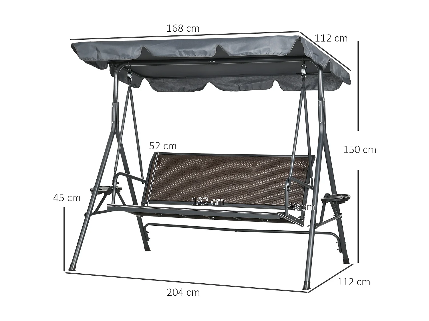Easycomfort Dondolo da Giardino 3 Posti in Rattan PE e Acciaio con Tettuccio Regolabile e Portabicchieri, 204x112x150 cm