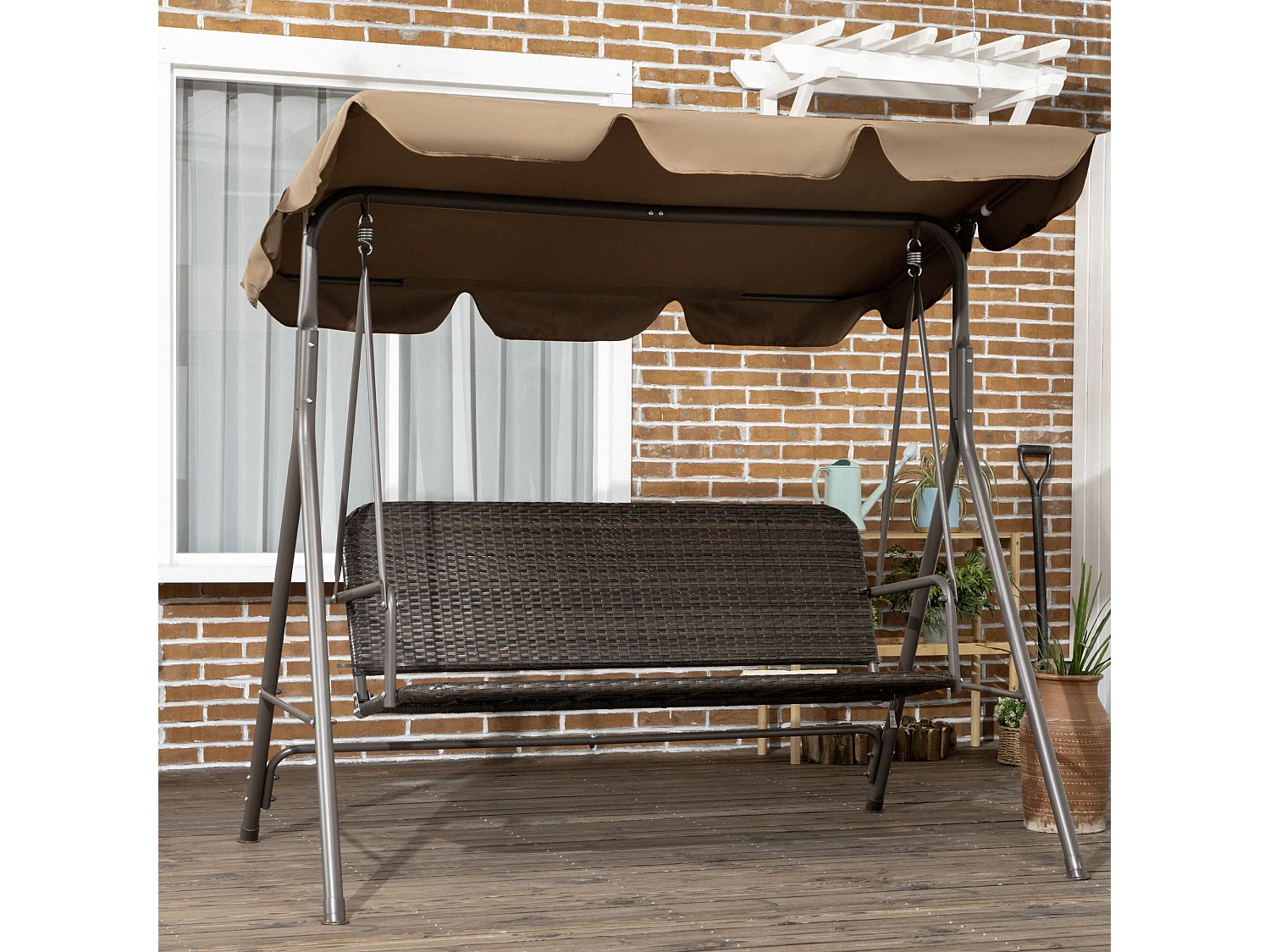 EasyComfort Dondolo da Giardino 3 Posti con Tettuccio Regolabile in Rattan PE e Acciaio, 167x112x153cm