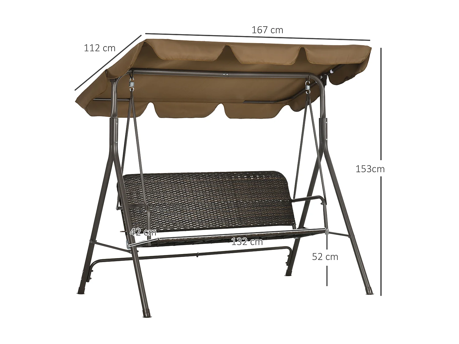 EasyComfort Dondolo da Giardino 3 Posti con Tettuccio Regolabile in Rattan PE e Acciaio, 167x112x153cm