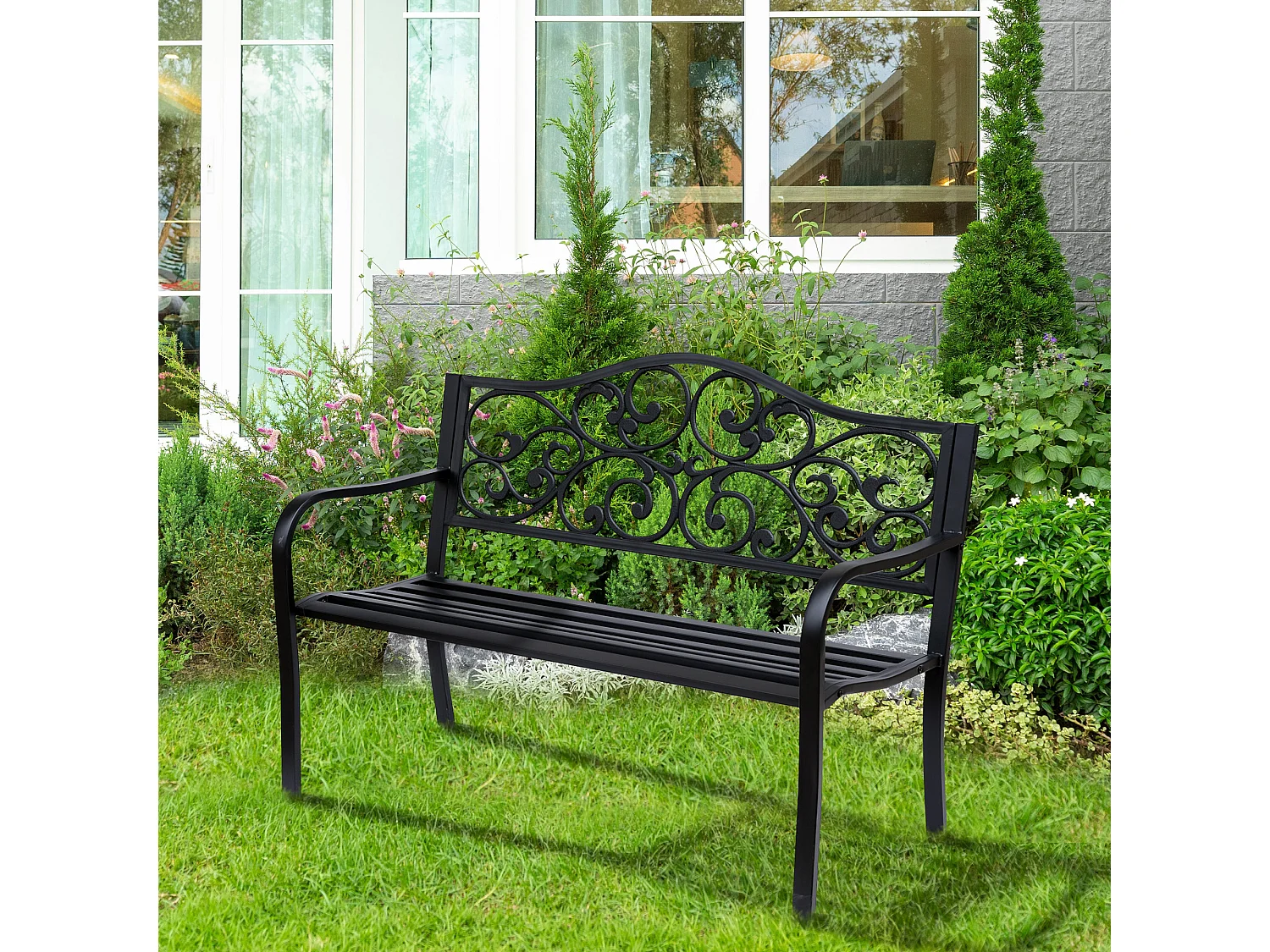EasyComfort Panchina da Giardino 2 Posti con Schienale Decorato in Ghisa e Metallo, 127x60x89cm, Nero
