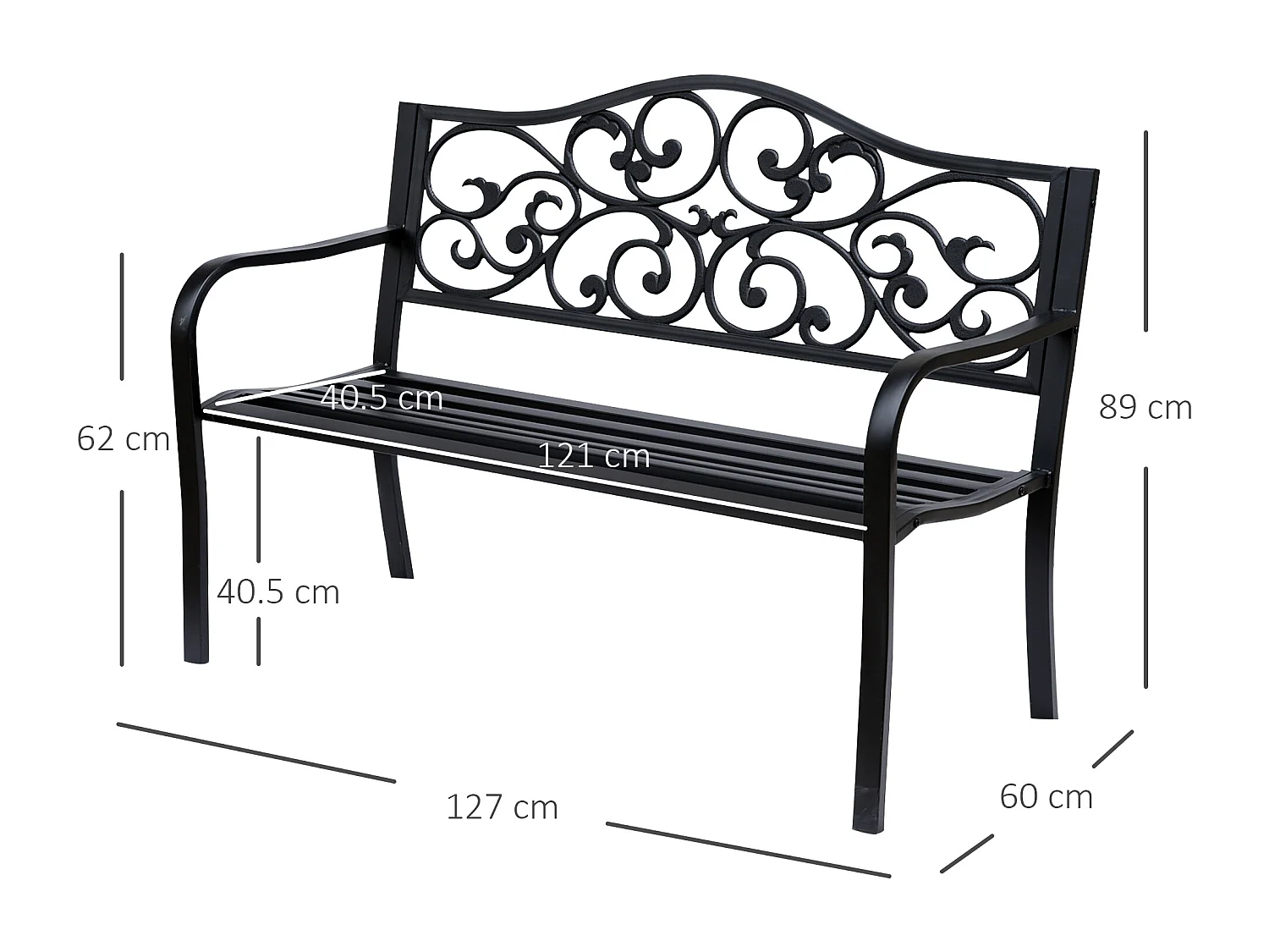 EasyComfort Panchina da Giardino 2 Posti con Schienale Decorato in Ghisa e Metallo, 127x60x89cm, Nero
