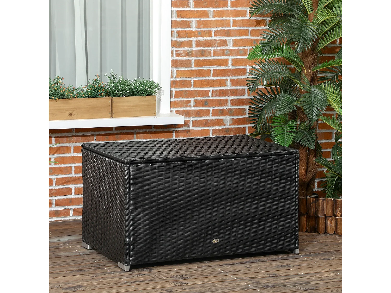 EasyComfort Baule da Giardino in Rattan e Acciaio con Coperchio, 95x60x53cm, Nero