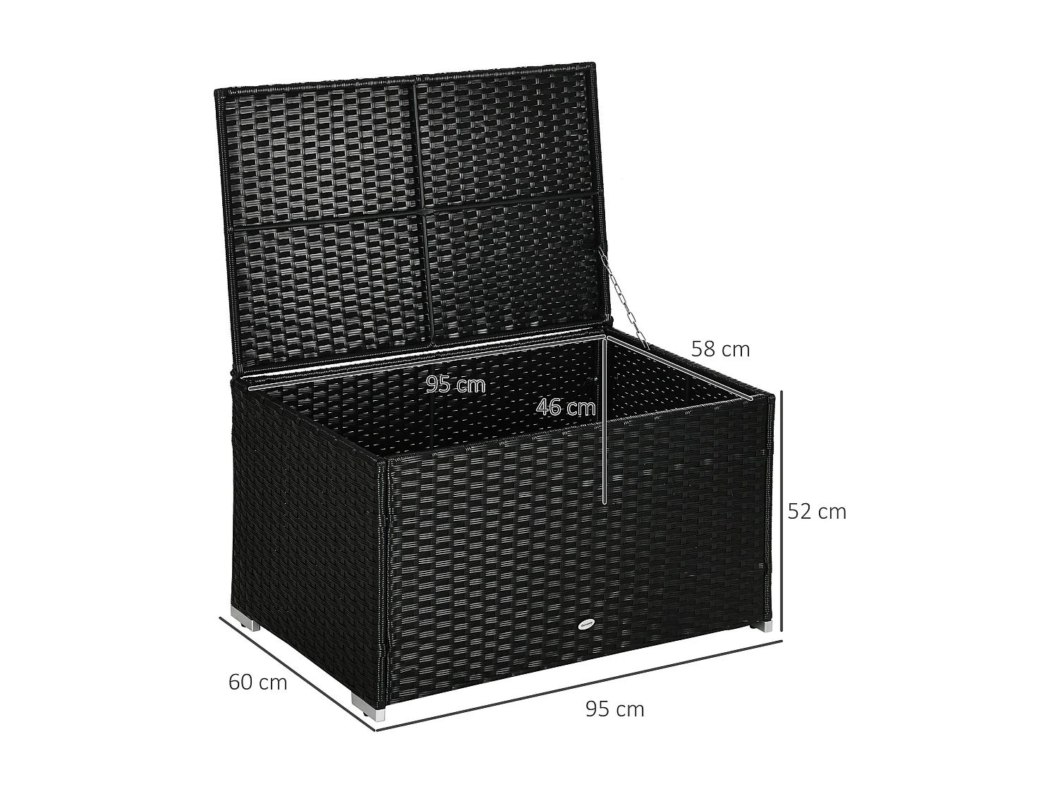 EasyComfort Baule da Giardino in Rattan e Acciaio con Coperchio, 95x60x53cm, Nero