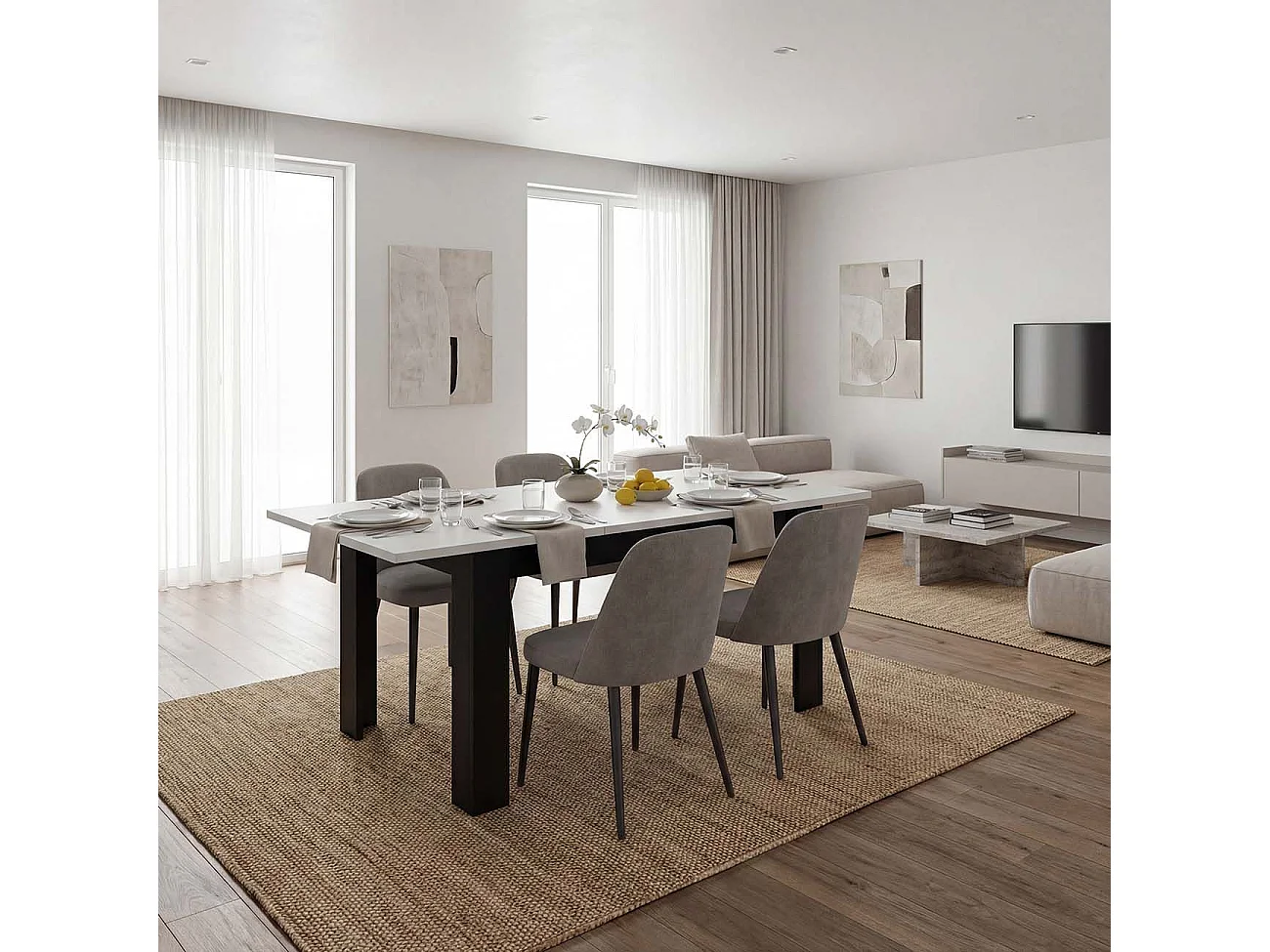 Mesa de jantar extensível 140-190x90 cm Sira Negro Mate - Blanco Artik