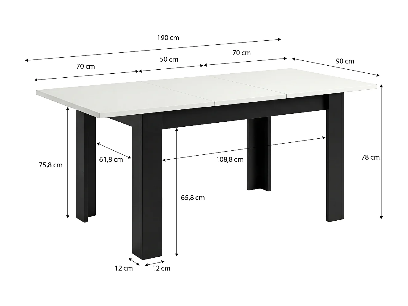 Mesa de jantar extensível 140-190x90 cm Sira Negro Mate - Blanco Artik