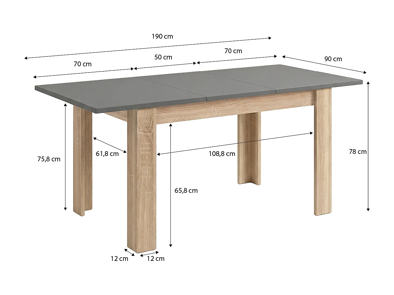 Mesa de jantar extensível 140-190x90 cm Sira Roble Canadian - Grafito