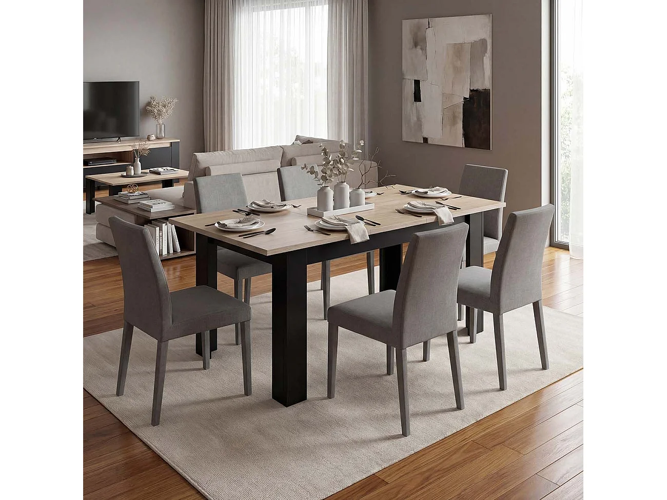 Mesa de jantar extensível 140-190x90 cm Sira Negro Mate - Roble Canadian