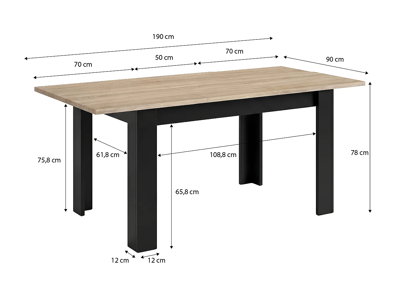Mesa de jantar extensível 140-190x90 cm Sira Negro Mate - Roble Canadian
